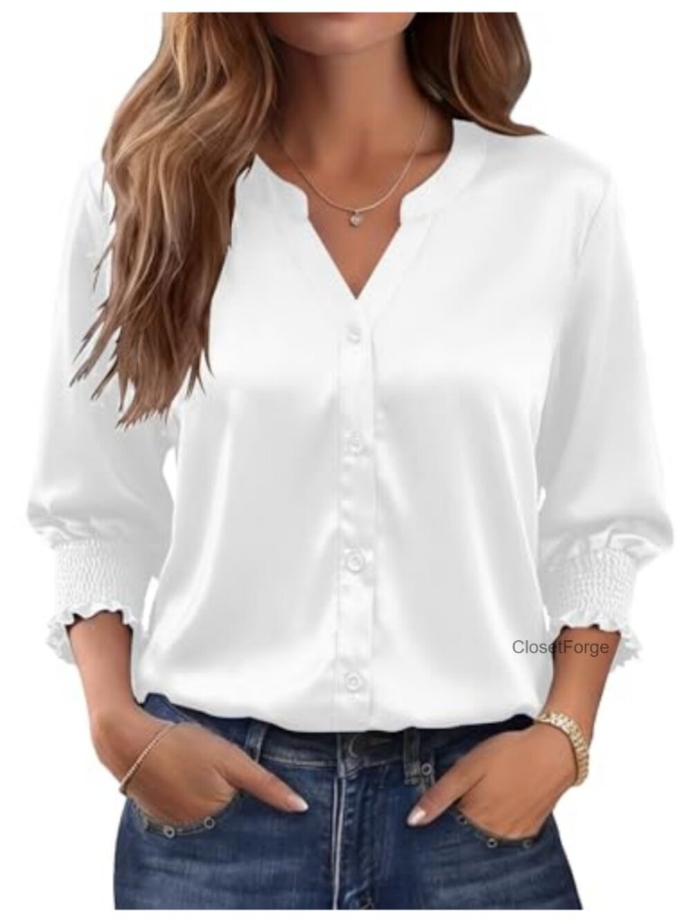Women's 3/4 Sleeve V-Neck Smocked Button Down Blouse Soft Polyester Blend Top